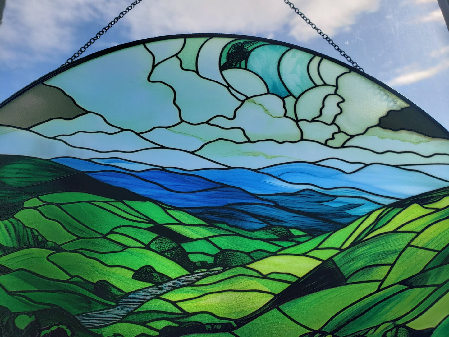 Green Irish Hills: Stained Glass Style Window Hanging