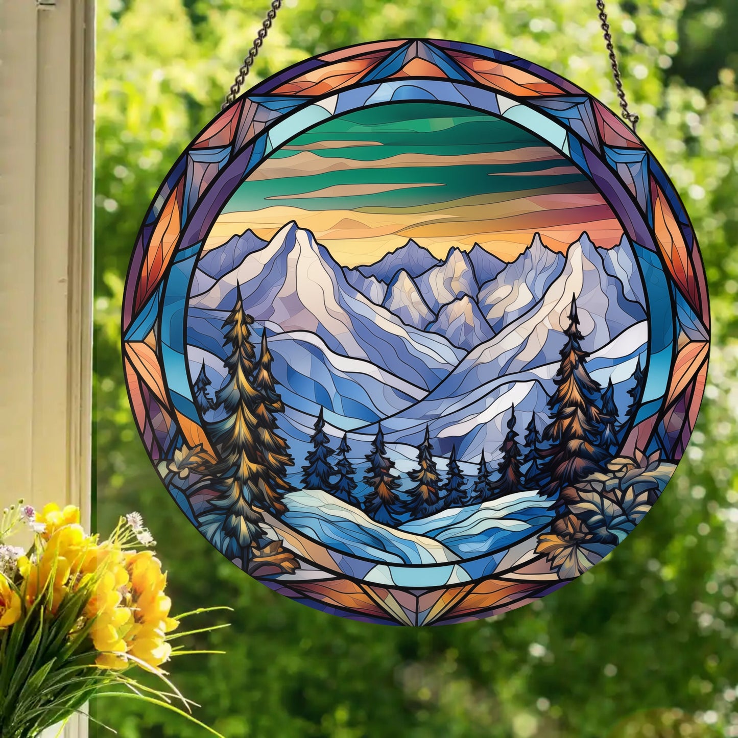 Snowy Alpine Mountain Range: Stained Glass Style Window Hanging
