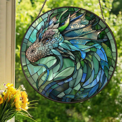Blue Green Dragon: Stained Glass Style Window Hanging