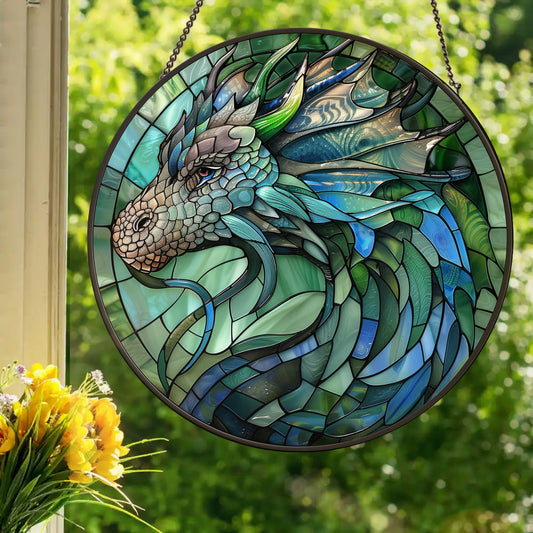 Blue Green Dragon: Stained Glass Style Window Hanging