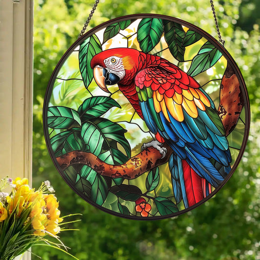 Scarlet Macaw: Stained Glass Style Window Hanging