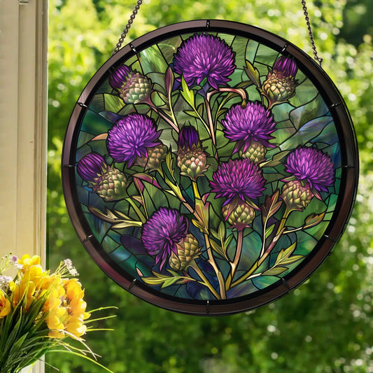 Purple Thistles: Stained Glass Style Window Hanging