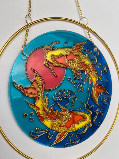Big Japanese Fish Koi Carp Unique Suncatcher for window Aesthetic room decor for every home Stained glass painting
