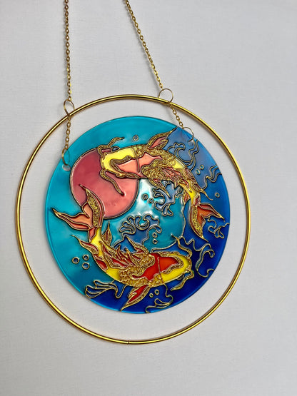 Big Japanese Fish Koi Carp Unique Suncatcher for window Aesthetic room decor for every home Stained glass painting