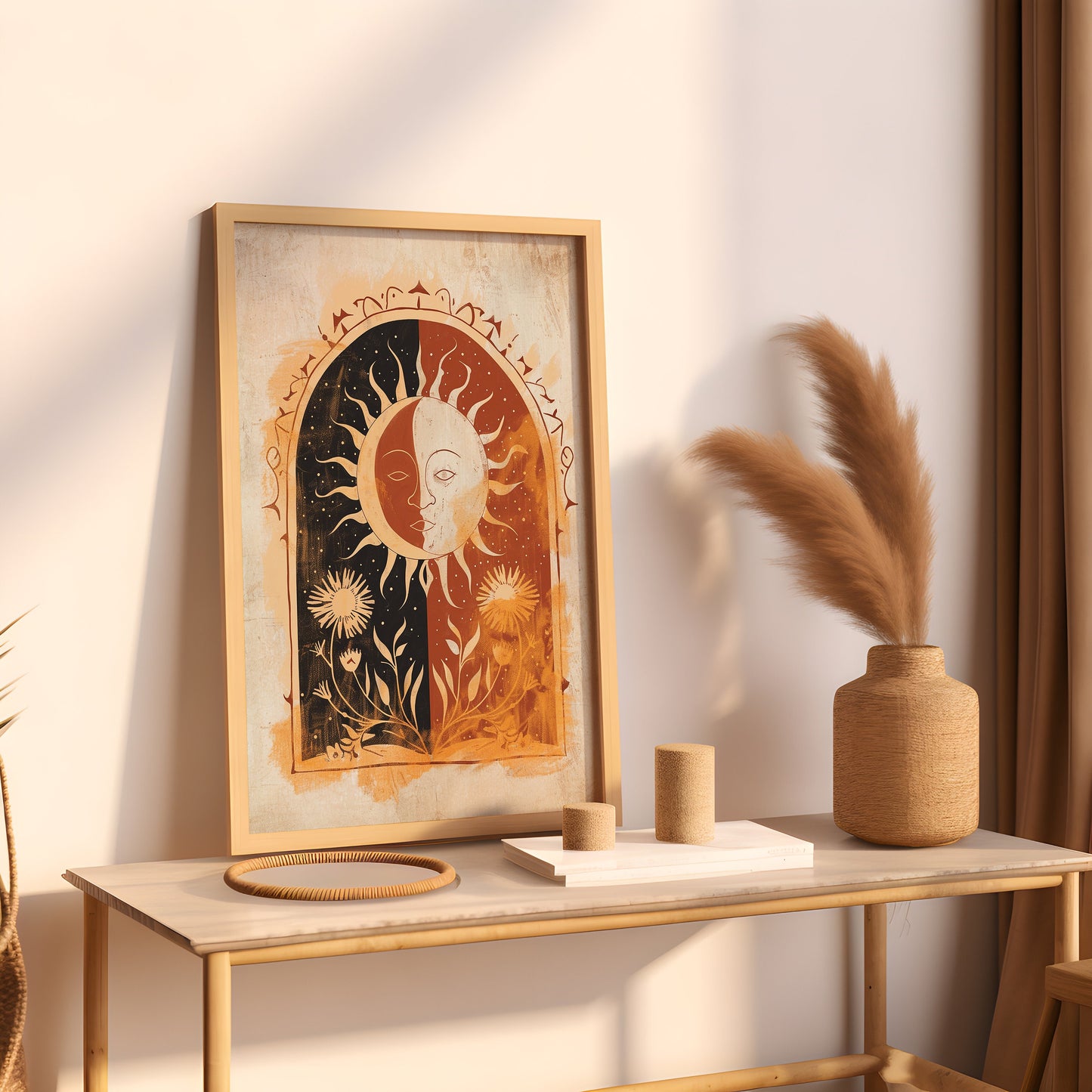 Sun Art Poster Mystical Folk Art Illustration Flowery Spiritual Print Botanical Rose Boho Wall Art Earth Tones Flowery Calm Bedroom Decor