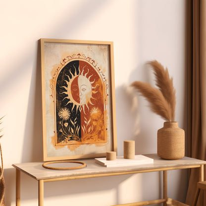 Sun Art Poster Mystical Folk Art Illustration Flowery Spiritual Print Botanical Rose Boho Wall Art Earth Tones Flowery Calm Bedroom Decor