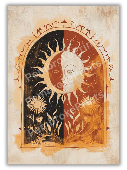 Sun Art Poster Mystical Folk Art Illustration Flowery Spiritual Print Botanical Rose Boho Wall Art Earth Tones Flowery Calm Bedroom Decor