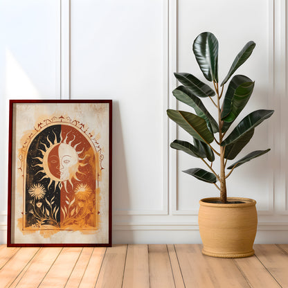 Sun Art Poster Mystical Folk Art Illustration Flowery Spiritual Print Botanical Rose Boho Wall Art Earth Tones Flowery Calm Bedroom Decor