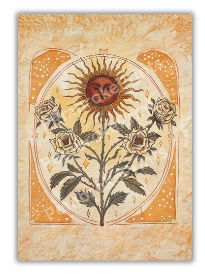 Sun Art Poster Mystical Folk Art Illustration Flowery Spiritual Print Botanical Rose Boho Wall Art Earth Tones Flowery Bedroom Decor