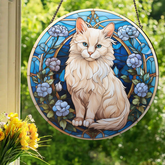 White Cat: Stained Glass Style Window Hanging Made With Real Glass