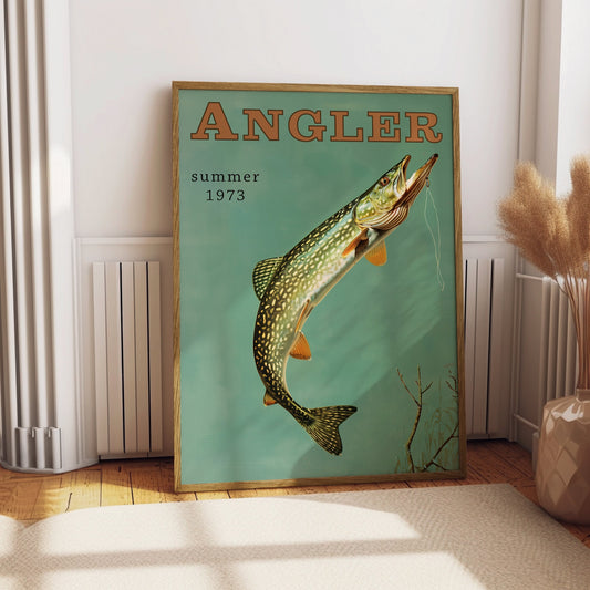 Vintage Northern Pike Fishing Print, Retro Travel Poster, Cabin Cottage Wall Art, Outdoor Sports Angler Fisherman, Father Dad Gift For Him