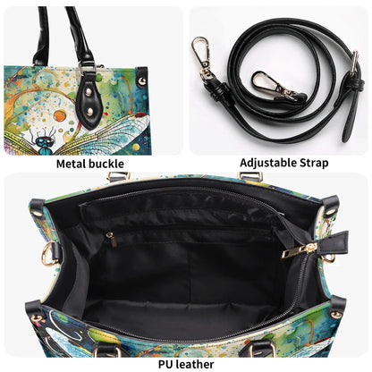 Watercolor Dragonfly Handbag. Colorful Handbag, Waterproof PU Leather Handbag, Top Handle Vegan Leather, Crossbody, Shoulder bag.