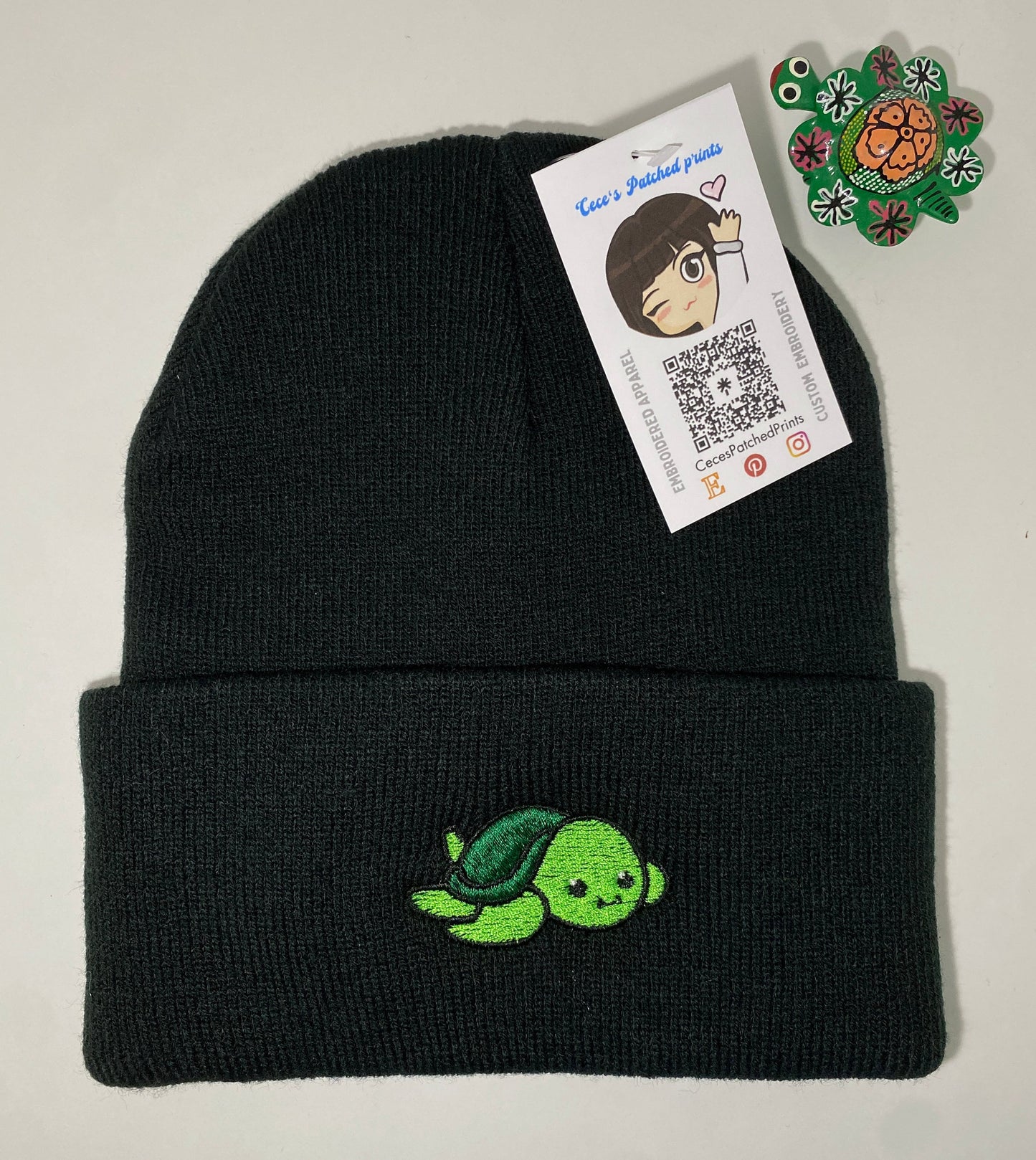 Embroidered Green TURTLE Beanie, Cute Gift for Animal Lover, Kid-Friendly Winter Wear, Present for Reptile Enthusiast, Ocean Sea Creature