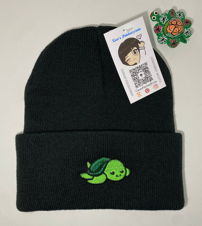Embroidered Green TURTLE Beanie, Cute Gift for Animal Lover, Kid-Friendly Winter Wear, Present for Reptile Enthusiast, Ocean Sea Creature