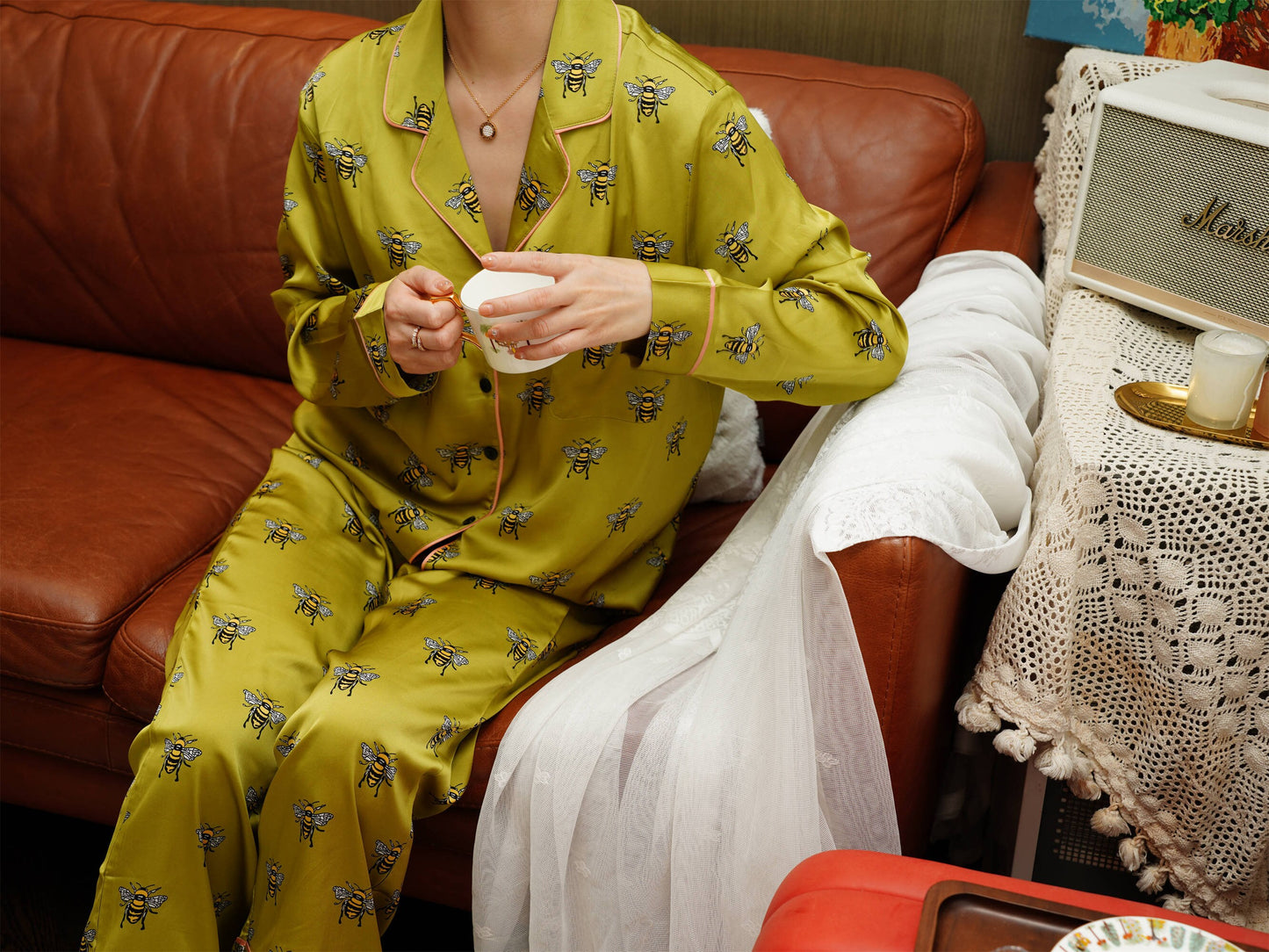 Cute Bee Print Pyjama Set ,Long Sleeves ,Bride and Bridesmaid Pajama , Birthday Gifts For Her?Could Be Wear Outside,