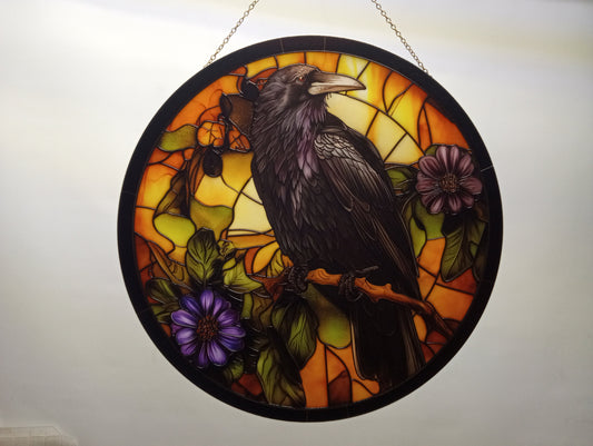 Autumn Raven: Stained Glass Style Window Hanging