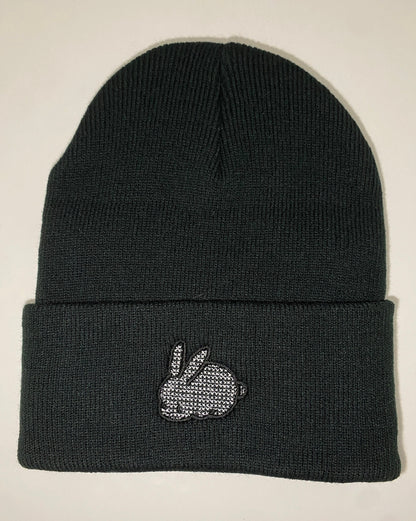 Bunny Beanie, Embroidered Stitched Cute Black & White Netted Bunny, Present Gift for Animal Lovers Kawaii Rabbit Garden Animal Hat Easter