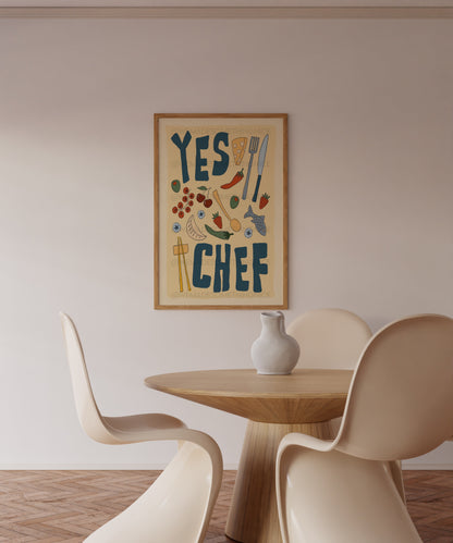 Yes Chef Poster, Kitchen Art, Kitchen Print, Trendy Wall Art, Maximalist Wall Art, Apartment Decor, Retro Wall Art, Food Poster