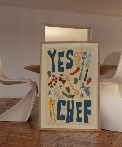 Yes Chef Poster, Kitchen Art, Kitchen Print, Trendy Wall Art, Maximalist Wall Art, Apartment Decor, Retro Wall Art, Food Poster