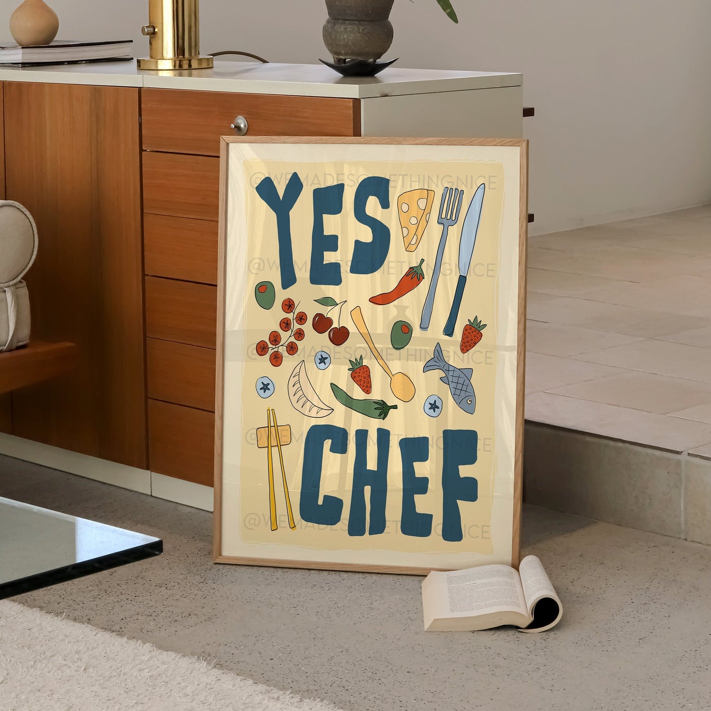 Yes Chef Poster, Kitchen Art, Kitchen Print, Trendy Wall Art, Maximalist Wall Art, Apartment Decor, Retro Wall Art, Food Poster