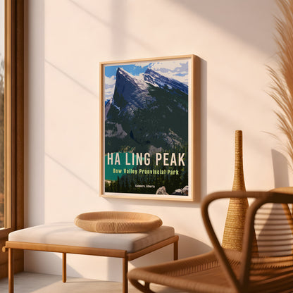 Ha Ling Peak Retro Travel Poster, Canmore Alberta Wall Art, Canadian Rockies Poster, Hiking Canada Wall Print, Bow Valley Provincial Park