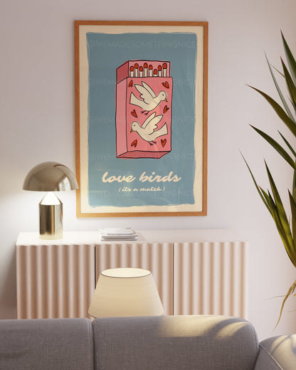 Love Birds Poster, Matchbox Poster, Trendy Wall Art, Apartment Decor, Retro Wall Art, Coquette Room Decor, Pink Wall Art, Pink Bow Print