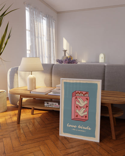 Love Birds Poster, Matchbox Poster, Trendy Wall Art, Apartment Decor, Retro Wall Art, Coquette Room Decor, Pink Wall Art, Pink Bow Print