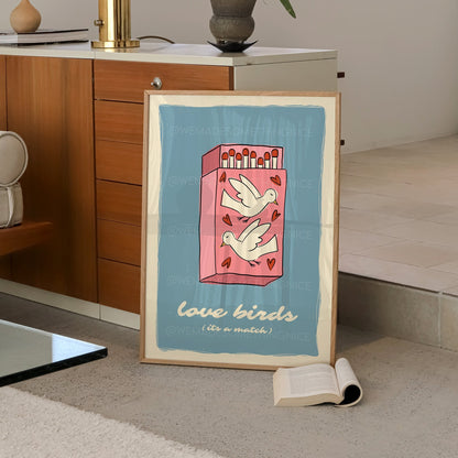 Love Birds Poster, Matchbox Poster, Trendy Wall Art, Apartment Decor, Retro Wall Art, Coquette Room Decor, Pink Wall Art, Pink Bow Print