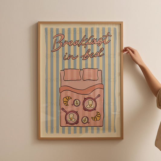 Breakfast In Bed Poster, Coffee Poster, Apartment Decor, Retro Wall Art, Coquette Room Decor, Pink Wall Art, Y2K Room Decor, Retro Wall Art