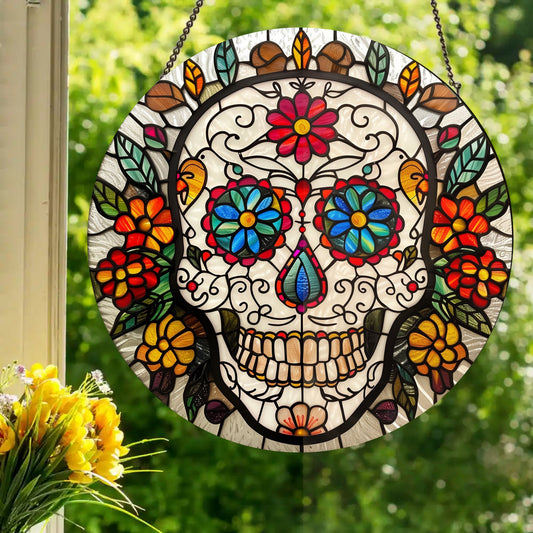 Sugar Skull With Leaves: Stained Glass Style Window Hanging