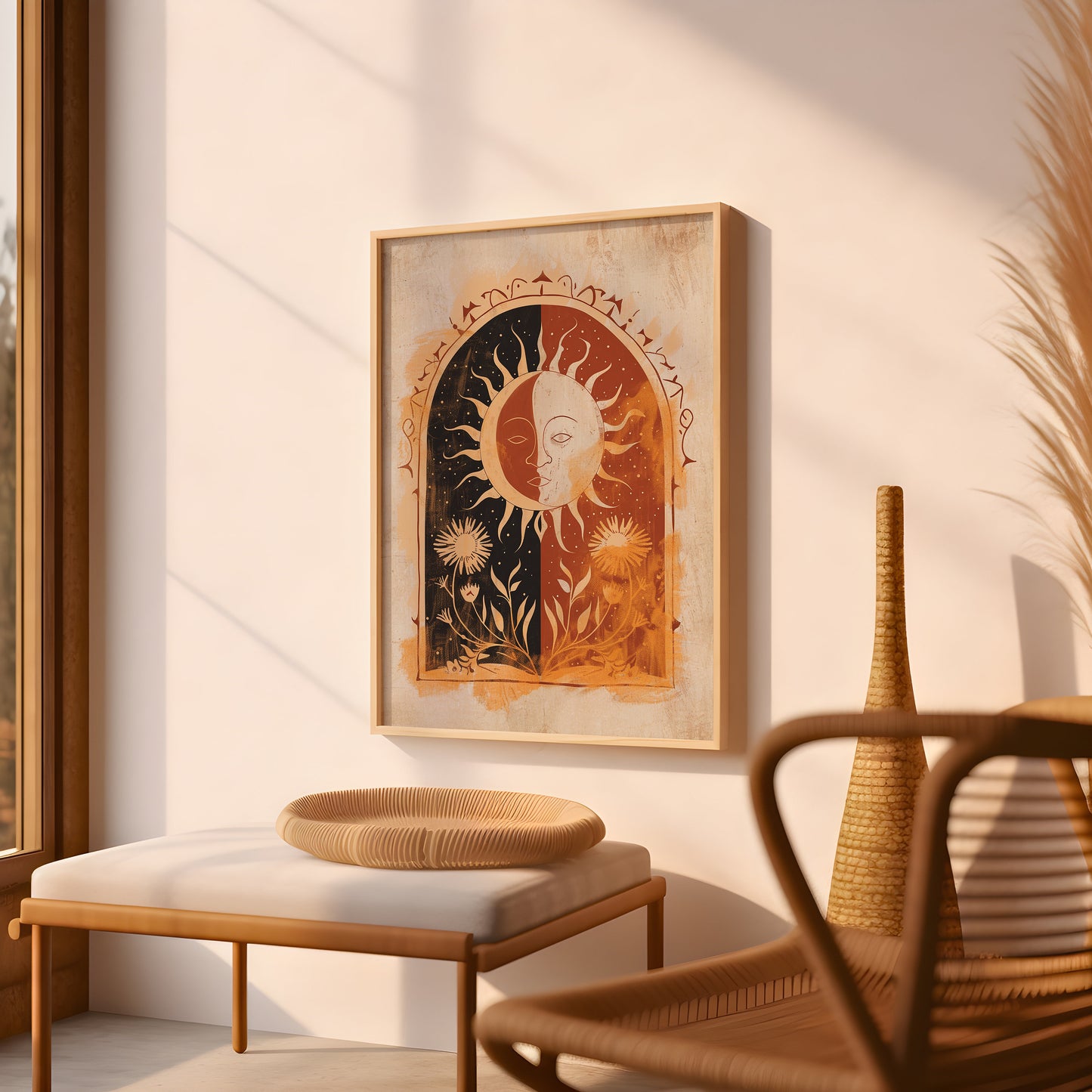 Sun Art Poster Mystical Folk Art Illustration Flowery Spiritual Print Botanical Rose Boho Wall Art Earth Tones Flowery Calm Bedroom Decor