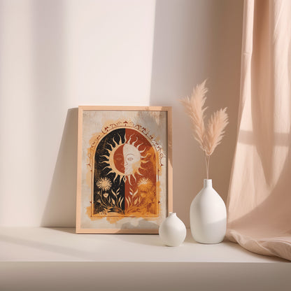 Sun Art Poster Mystical Folk Art Illustration Flowery Spiritual Print Botanical Rose Boho Wall Art Earth Tones Flowery Calm Bedroom Decor