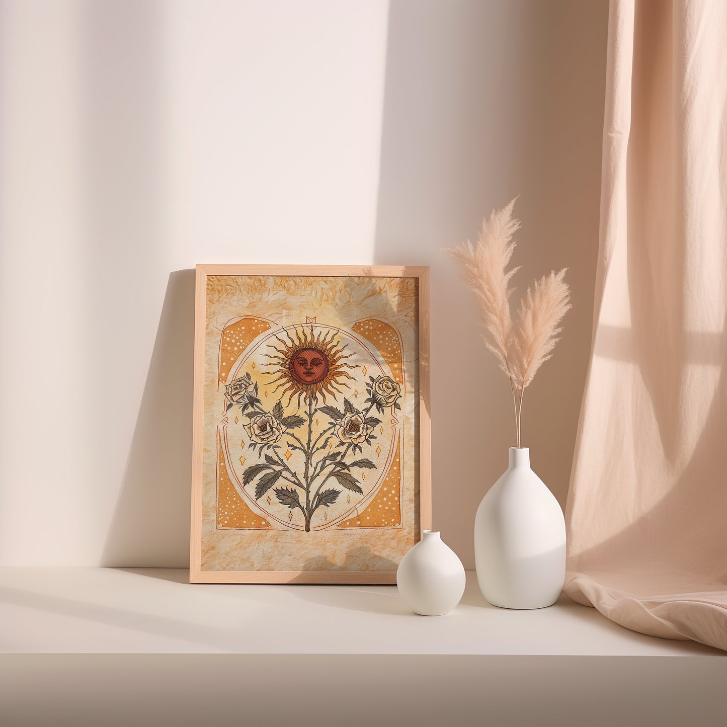 Sun Art Poster Mystical Folk Art Illustration Flowery Spiritual Print Botanical Rose Boho Wall Art Earth Tones Flowery Bedroom Decor