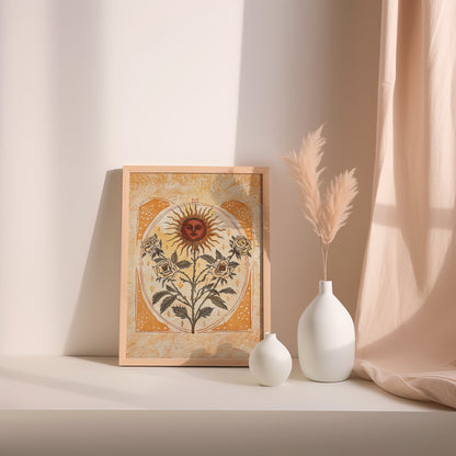 Sun Art Poster Mystical Folk Art Illustration Flowery Spiritual Print Botanical Rose Boho Wall Art Earth Tones Flowery Bedroom Decor