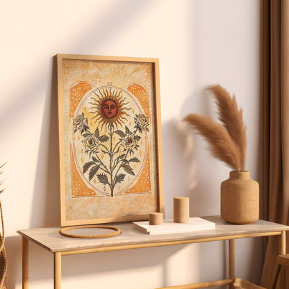 Sun Art Poster Mystical Folk Art Illustration Flowery Spiritual Print Botanical Rose Boho Wall Art Earth Tones Flowery Bedroom Decor