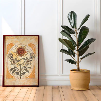 Sun Art Poster Mystical Folk Art Illustration Flowery Spiritual Print Botanical Rose Boho Wall Art Earth Tones Flowery Bedroom Decor