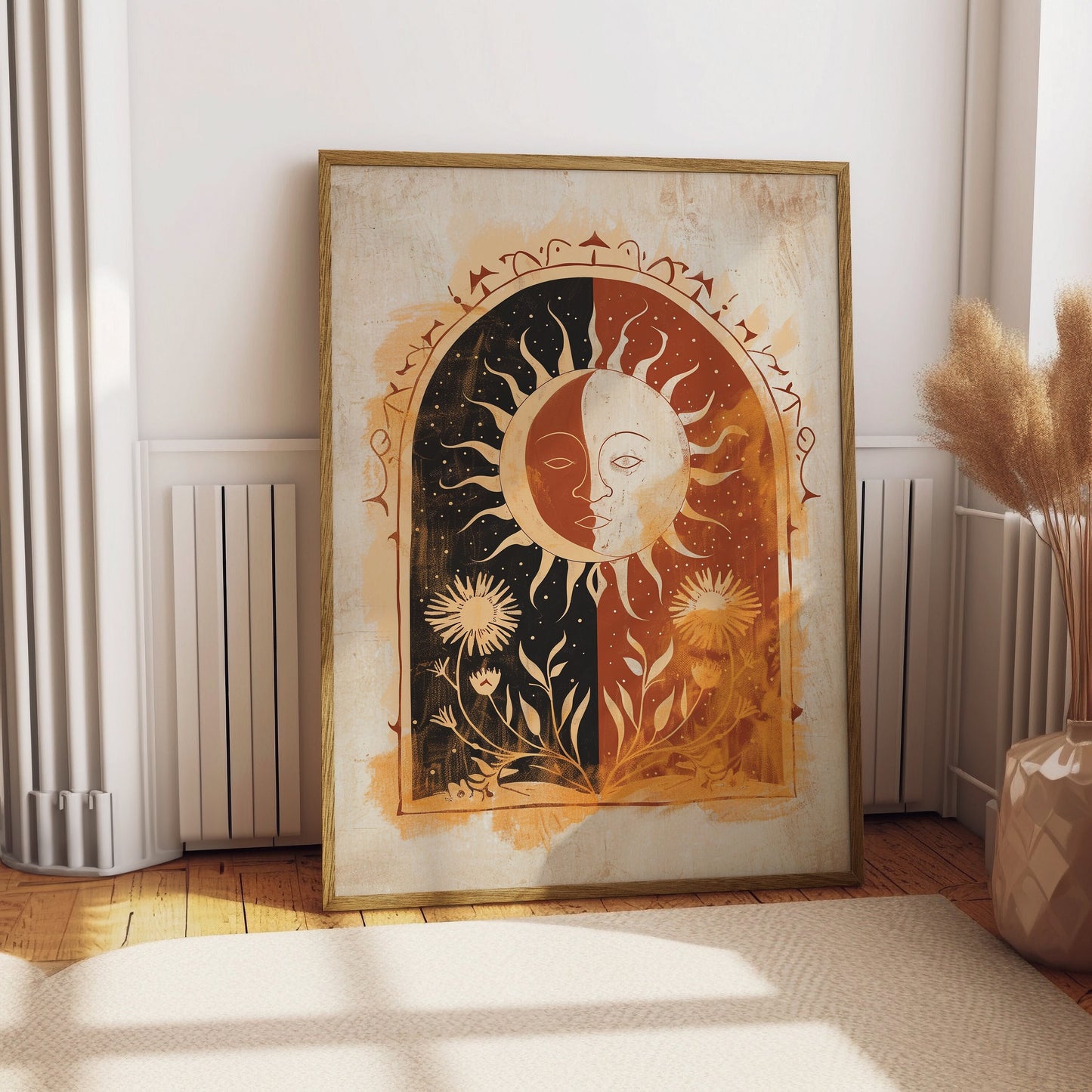 Sun Art Poster Mystical Folk Art Illustration Flowery Spiritual Print Botanical Rose Boho Wall Art Earth Tones Flowery Calm Bedroom Decor