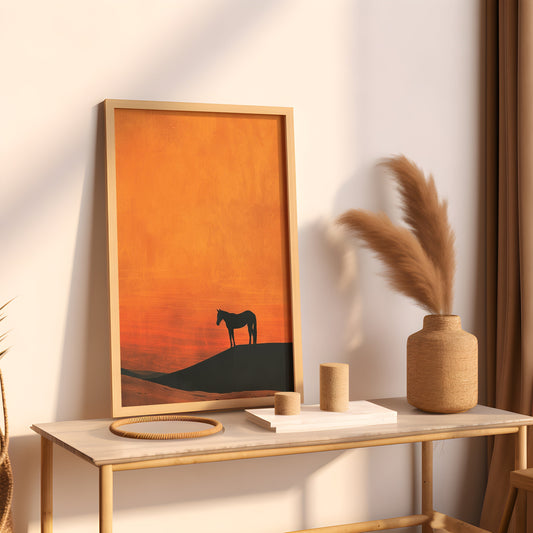 Lone Wild Horse Minimalist Western Poster, Vintage Western Boho Art, Sonoran Desert Arizona Print, Terracotta Sunset, Retro Cowboy Cowgirl