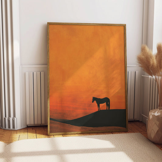 Lone Wild Horse Minimalist Western Poster, Vintage Western Boho Art, Sonoran Desert Arizona Print, Terracotta Sunset, Retro Cowboy Cowgirl