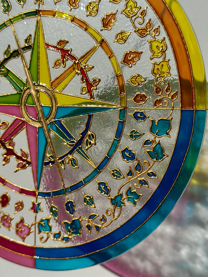 Mariners Compass Shine Suncatcher for window Plant flowers botanic kitchen living room decor Unique gift for mom Stained glass painting
