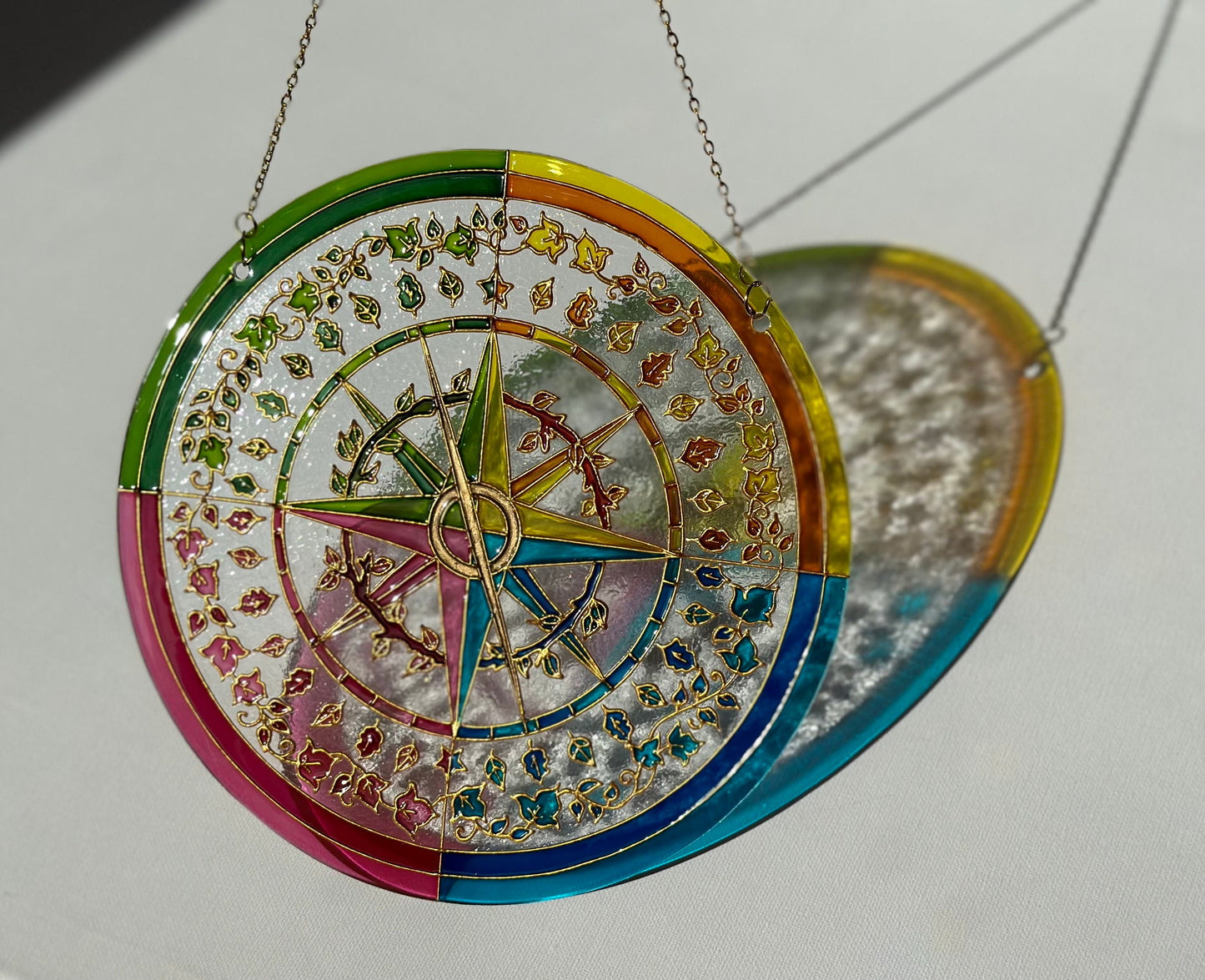 Mariners Compass Shine Suncatcher for window Plant flowers botanic kitchen living room decor Unique gift for mom Stained glass painting