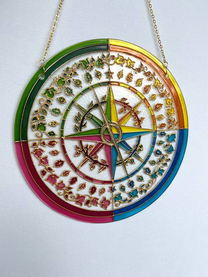 Mariners Compass Shine Suncatcher for window Plant flowers botanic kitchen living room decor Unique gift for mom Stained glass painting