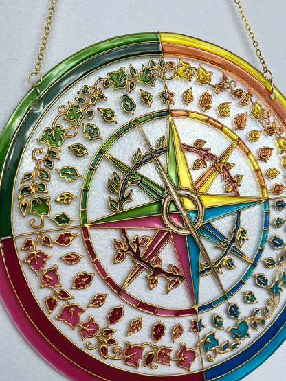 Mariners Compass Shine Suncatcher for window Plant flowers botanic kitchen living room decor Unique gift for mom Stained glass painting