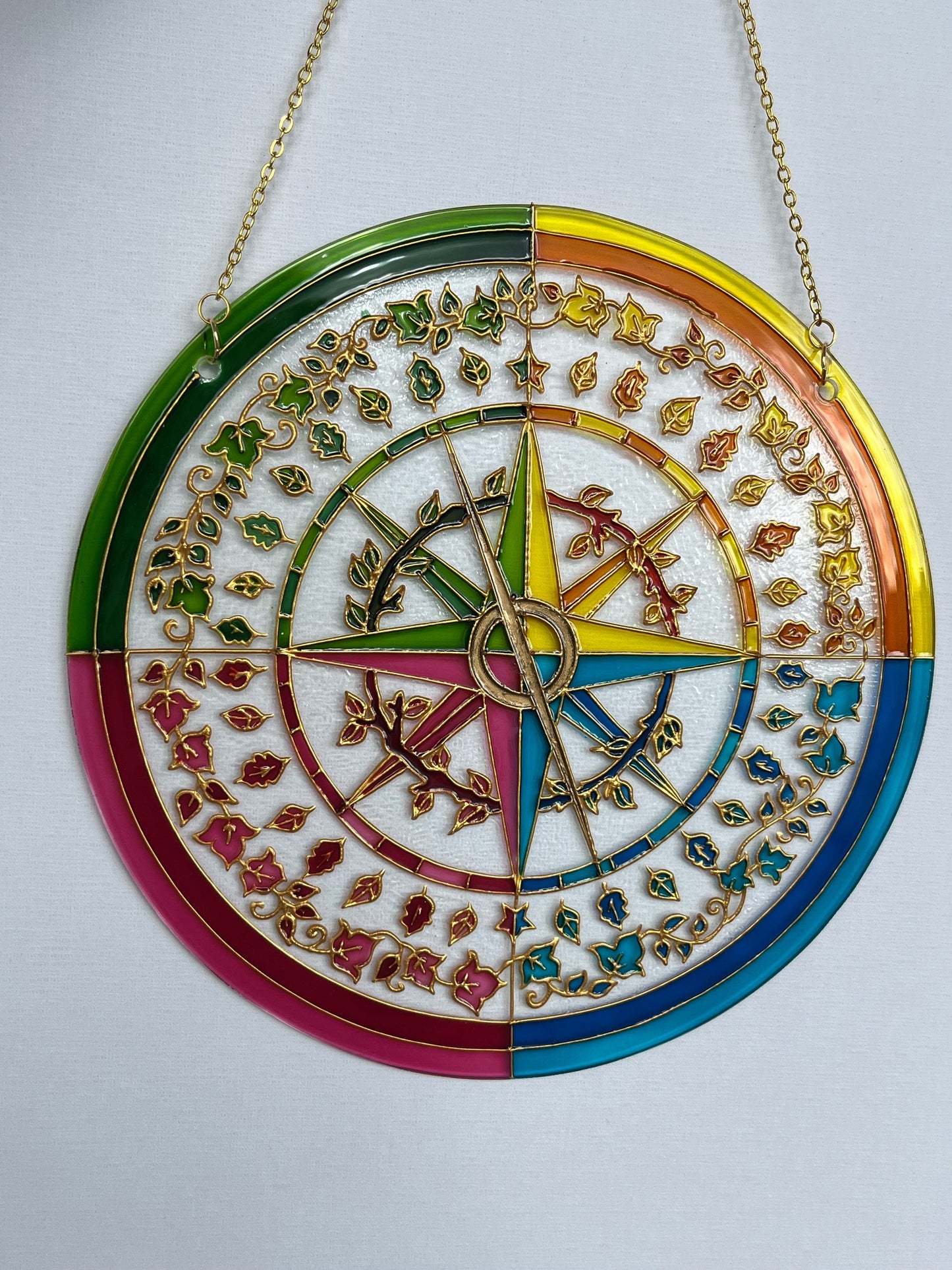 Mariners Compass Shine Suncatcher for window Plant flowers botanic kitchen living room decor Unique gift for mom Stained glass painting
