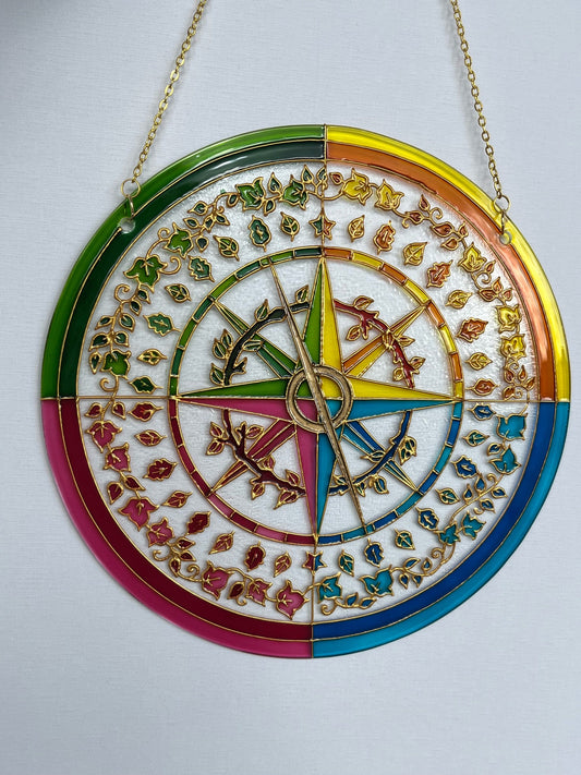 Mariners Compass Shine Suncatcher for window Plant flowers botanic kitchen living room decor Unique gift for mom Stained glass painting