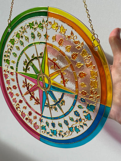 Mariners Compass Shine Suncatcher for window Plant flowers botanic kitchen living room decor Unique gift for mom Stained glass painting