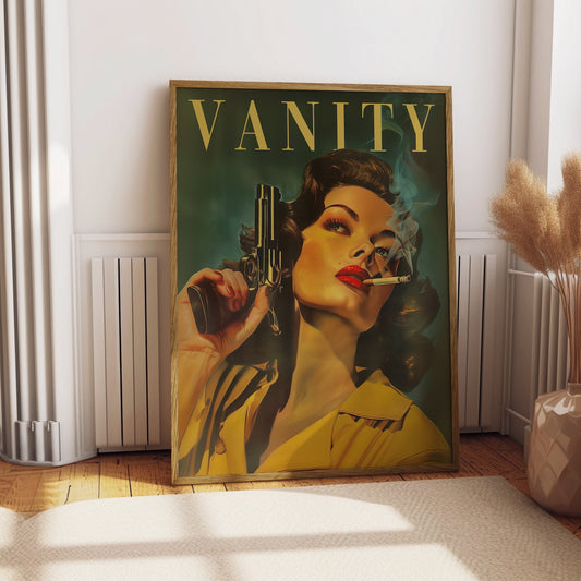 Vintage Woman With a Gun Poster Retro Woman Smoking a Cigarette Wall Art Badass Bestie Eclectic Wall Art Funny Retro Wall Decor