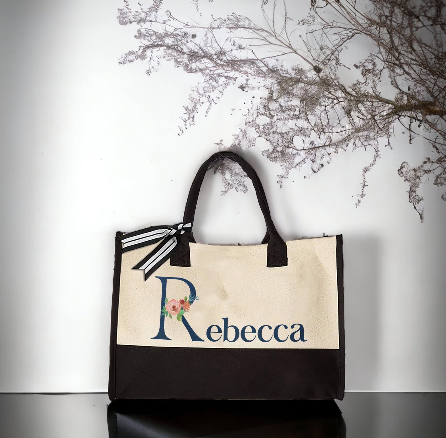 Custom Name Tote Bag, Mothers Day Gift, Floral Tote Bag for Women, Customized Shoulder Bag, Personalized Handbag Gift,Large Tote Bag for Her