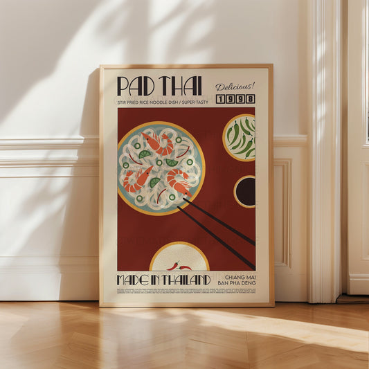 Pad Thai Poster, Kitchen Poster, Kitchen Print, Food Poster, Modern Kitchen Decor, Illustration, Thailand, Food, Chef Print, Retro Wall Art