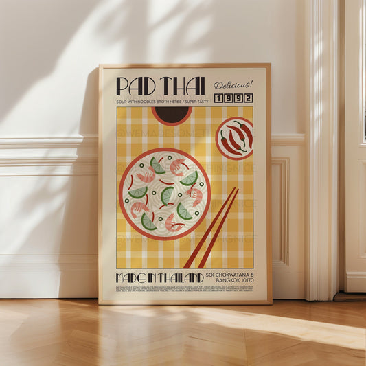 Pad Thai Poster, Kitchen Art, Kitchen Poster, Modern Kitchen Decor, Illustration, Thailand, Food, Chef Print, Bar Art, Retro Wall Art